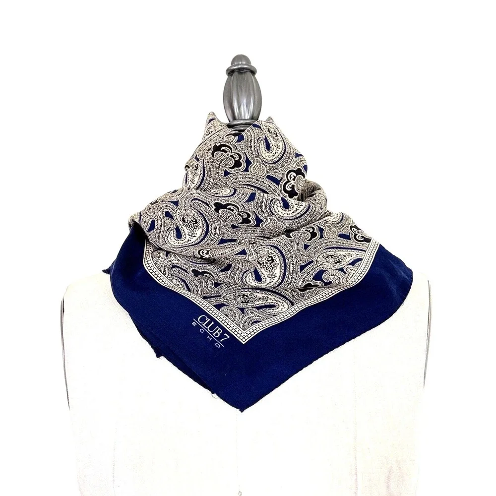 Club 7 ECHO 100% Silk Scarf White Blue Jacobean Paisley Square Neck 30